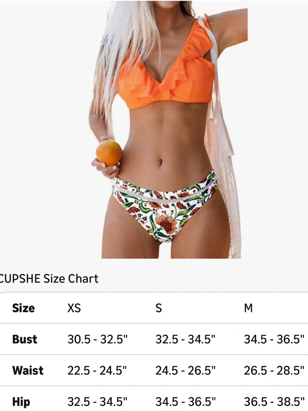 Cupshe Orange Ruffle Bikini Top with Floral Print Bottoms- Size Small